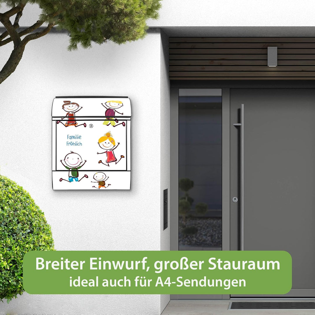 banjado® Design Briefkasten personalisiert Happy Kids 38,5x46,5x13cm & 2 Schlüssel - Briefkasten Sta