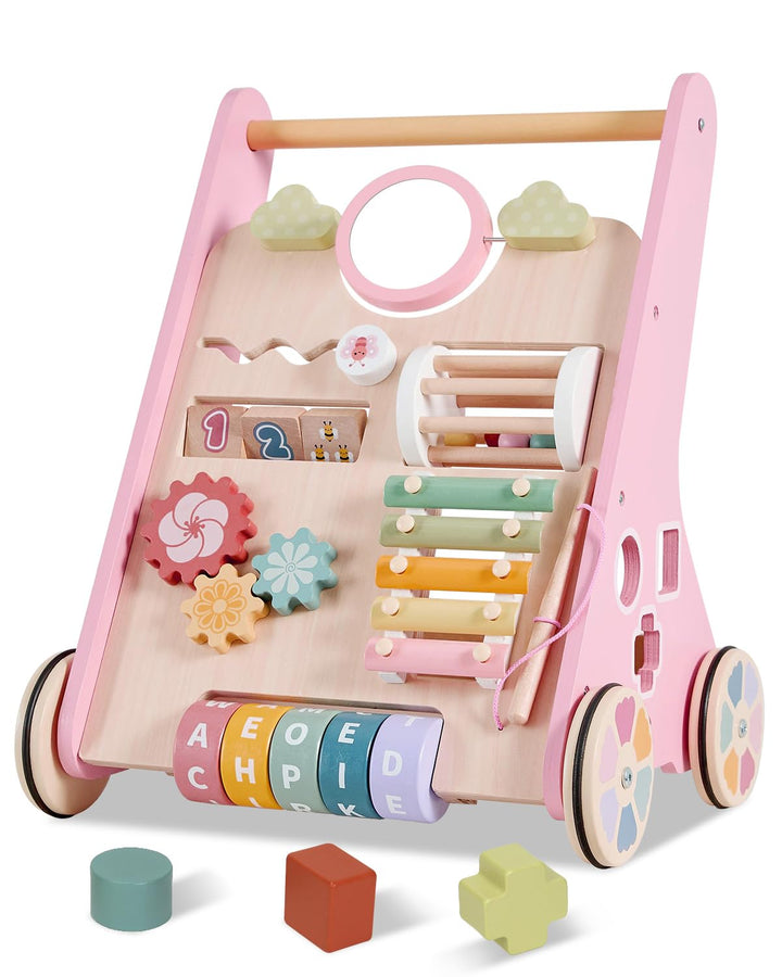 11 in 1 Lauflernhilfe Holz Multifunktion Baby Walker mit gummierten Holzrädern, Kognitive Entwicklun