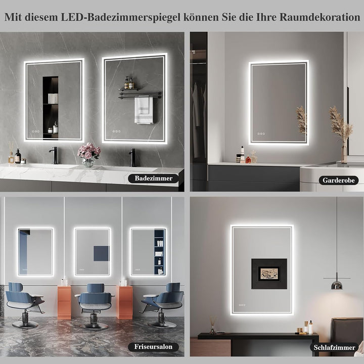 Badspiegel-mit-Beleuchtung 60x80cm: LED Badezimmer-Spiegel Badezimmerspiegel mit Bluetooth, Beschlag