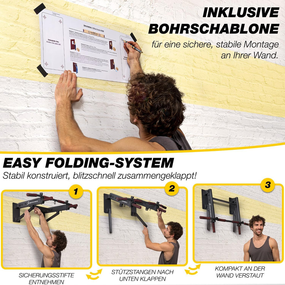 Sportstech Innovative 4in1 Klimmzugstange zur Wandmontage | neuartig platzsparend klappbar | 3 Multi