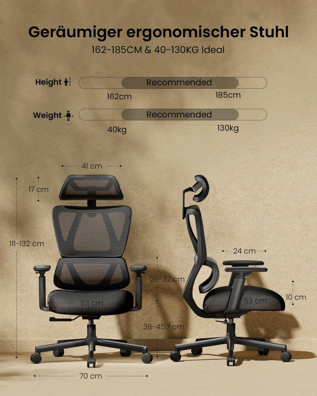 ProtoArc EC100 Bürostuhl Ergonomisch - Höherer Rücken Schreibtischstuhl mit Sitz aus 10CM Dicker Mes