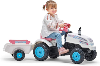 Falk 2042AB Butterfly Farmer Trettraktor mit Klapphaube und Anhänger Traktoren, weiss, Weiss