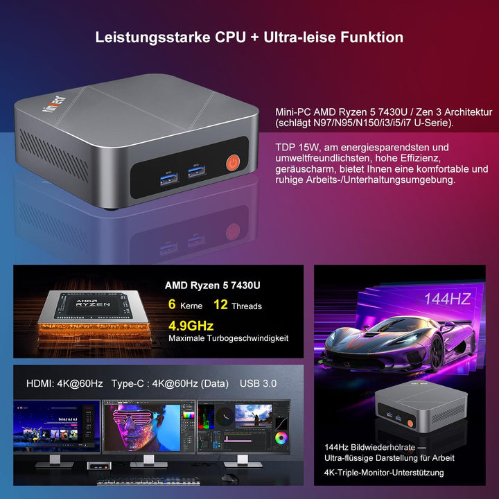 Ninkear Mini PC Win11, Mini Computer mit AMD Ryzen 7430U(Bis zu 4.3 GHz), 16GB DDR4 RAM 512GB SSD Ga