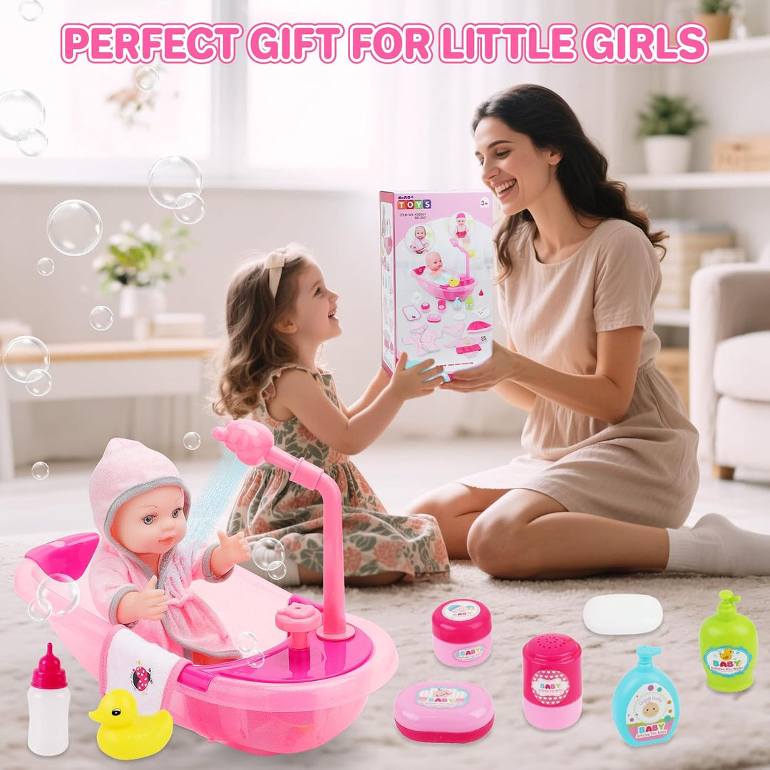 deAO Baby Puppe mit Badewanne und Zubehör, 30cm Badepuppe für Mädchen | mit Funktionierender Dusche