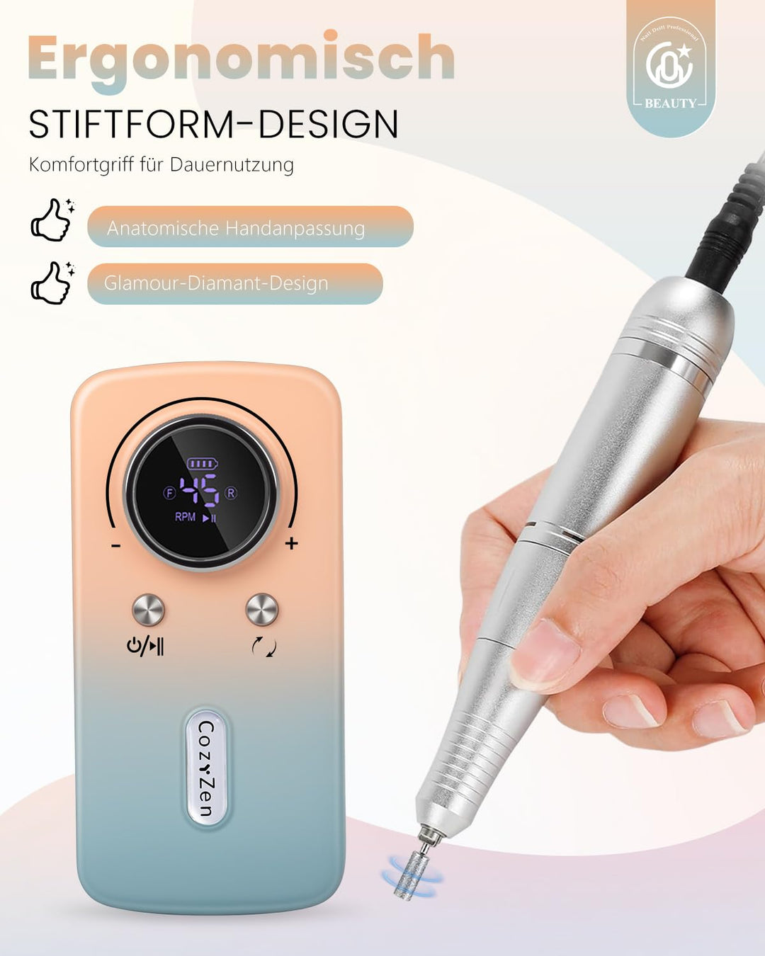 CozyZen Kabellose Nagelfeile Professionell: 45000 U/min Wiederaufladbare Elektrische Nagelfeile Set,
