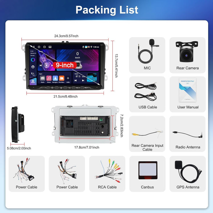 4+64G Motorsi Autoradio für VW Seat Passat Golf 5 6 Polo Skoda mit Apple Carplay Android Auto, 9-Zol