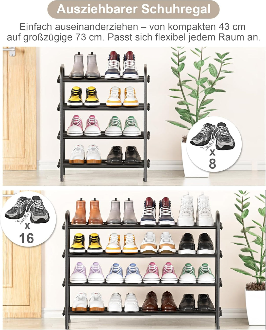 Schuhregal 4-stöckig Metall Schuhregal verstellbares erweiterbares Schuhregal ausziehbar 43 bis 79 c