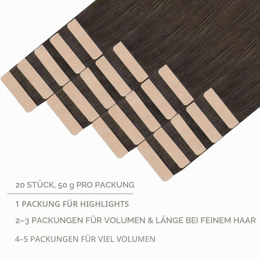 WENNALIFE Tape Extensions Echthaar, 20pcs 50g 60cm 24 Zoll Kühles Dunkelbraun Remy Invisible Tape Ex