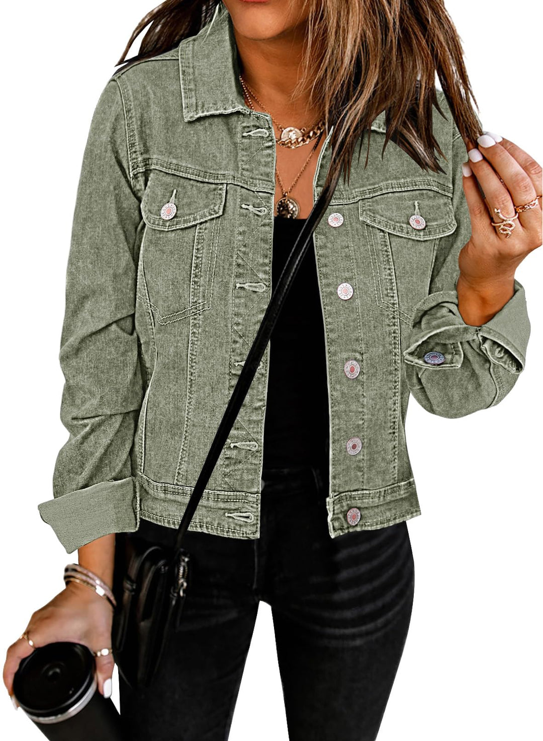 Roskiky Jeansjacken Damen Jean Stretchy Langarm Trucker Jacke mit Tasche
