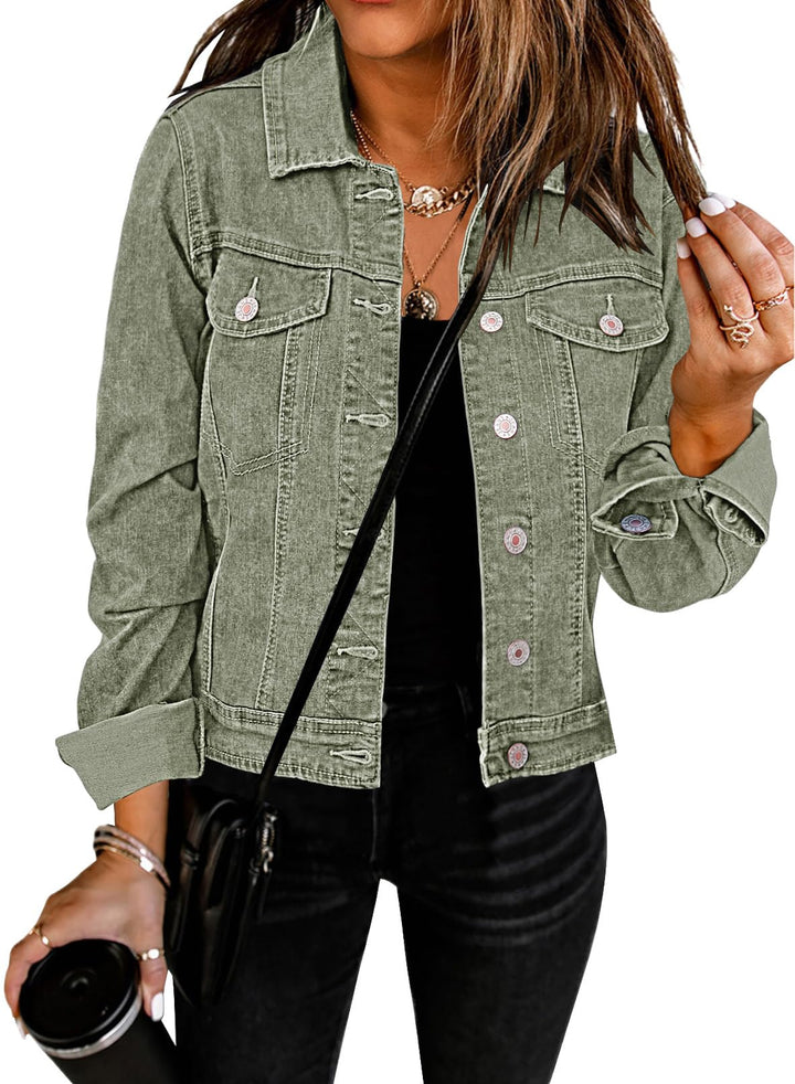 Roskiky Jeansjacken Damen Jean Stretchy Langarm Trucker Jacke mit Tasche XXL Calliste Grün, XXL Call
