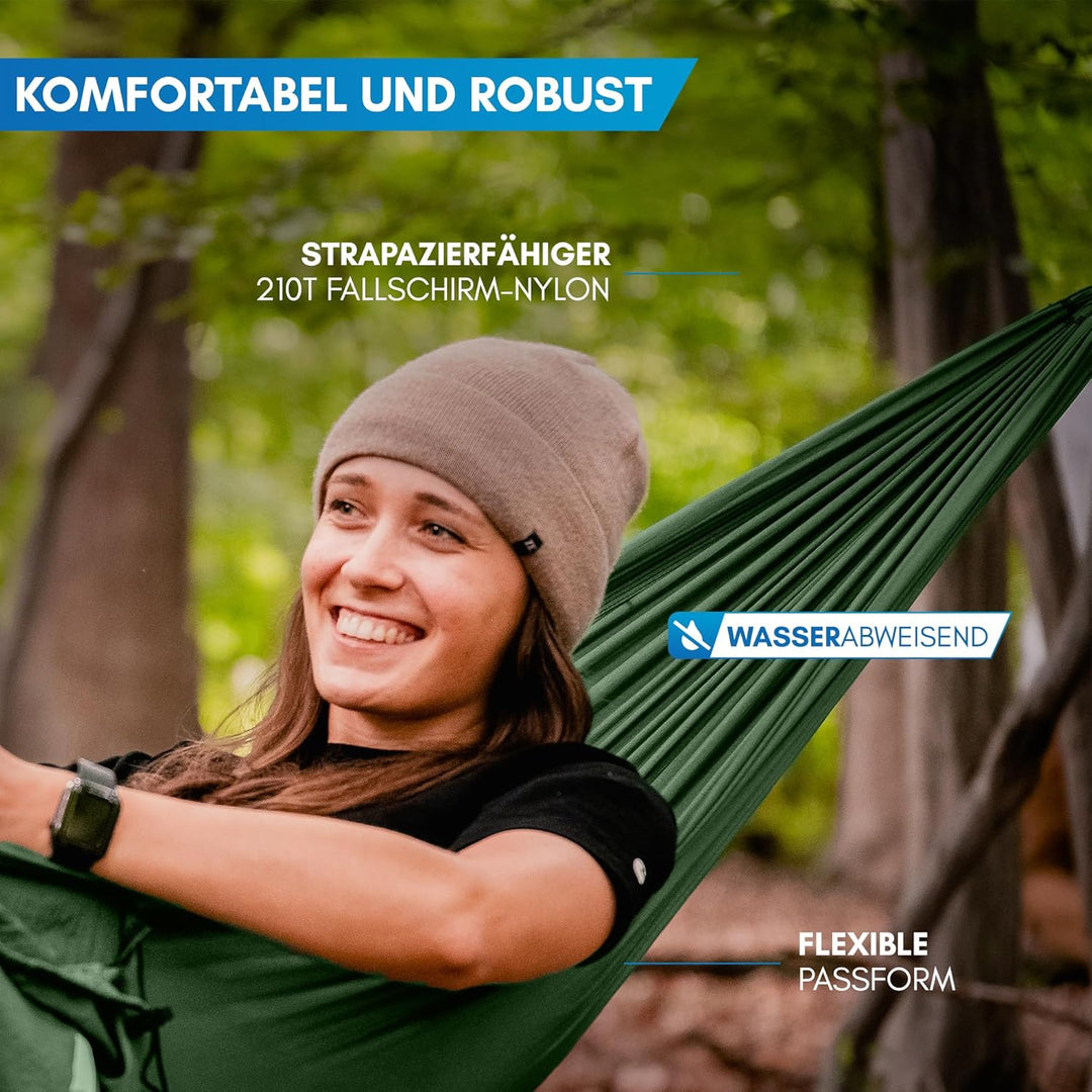NORDMUT® Ultraleichte Hängematte Outdoor [mit Befestigungs-Set] Camping Hängematte inkl. Baumschutz-