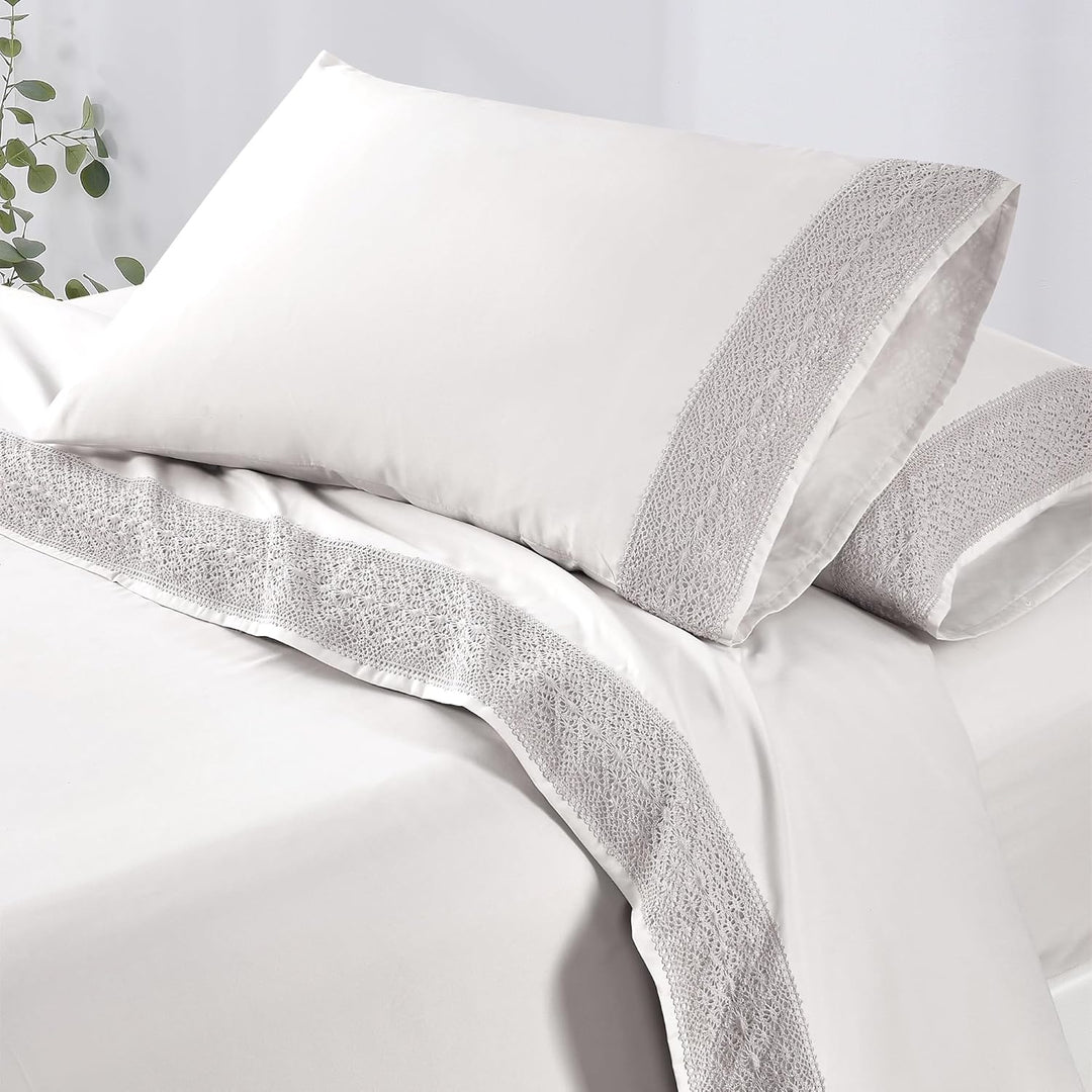 Amrapur Overseas 1MFLACEG-WHT-FL Bettwäsche-Set, Häkelspitze, 4-teilig, Weiss Weiss Full, Weiss Full