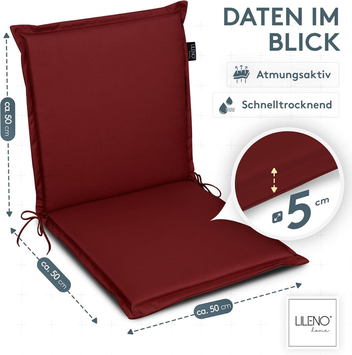 LILENO HOME Gartenstuhl Auflagen [2er Set - Niedriglehner] in Rot - Bequeme Liegen als Sitzauflagen