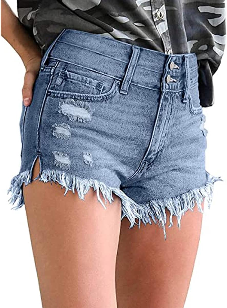 Necooer Damen Casual Ripped Denim Shorts Mittlere Taille Kurze Jeanshose mit Taschen S Blau 02, S Bl