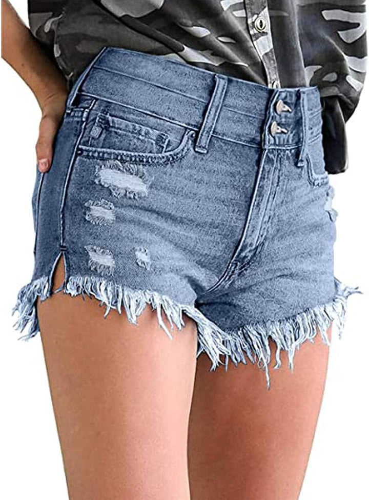 Necooer Damen Casual Ripped Denim Shorts Mittlere Taille Kurze Jeanshose mit Taschen S Blau 02, S Bl