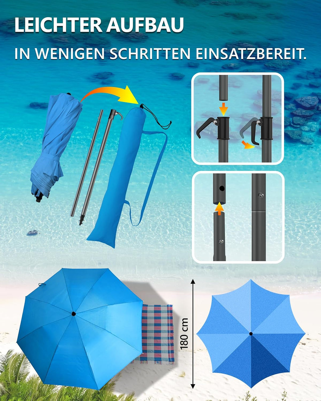 4smile Sonnenschirm Strand Ø 180 cm SET mit Eindrehbodenhülse, Blau | Strandschirm Windfest Stabil m