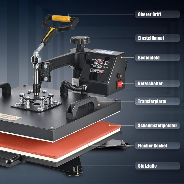 CREWORKS Transferpresse 38x38cm Heisspressmaschine 8-IN-1 Wärmepressmaschine Hitzepresse 360 Grad Sc