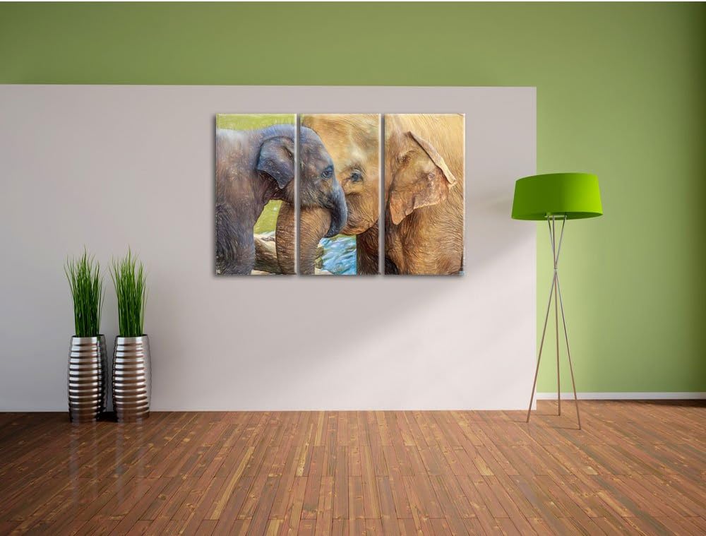 Pixxprint liebevolle Elefantenmutter mit Kalb Kunst Buntstift Effekt 3-Teiler Leinwandbild 120x80 Bi