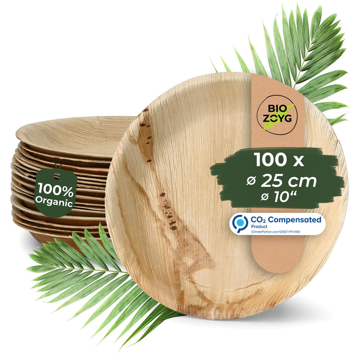 BIOZOYG Palmware Hochwertiges Palmblattgeschirr I 100 Stück Palmblatt Teller rund Ø 23 cm I Bio Einw