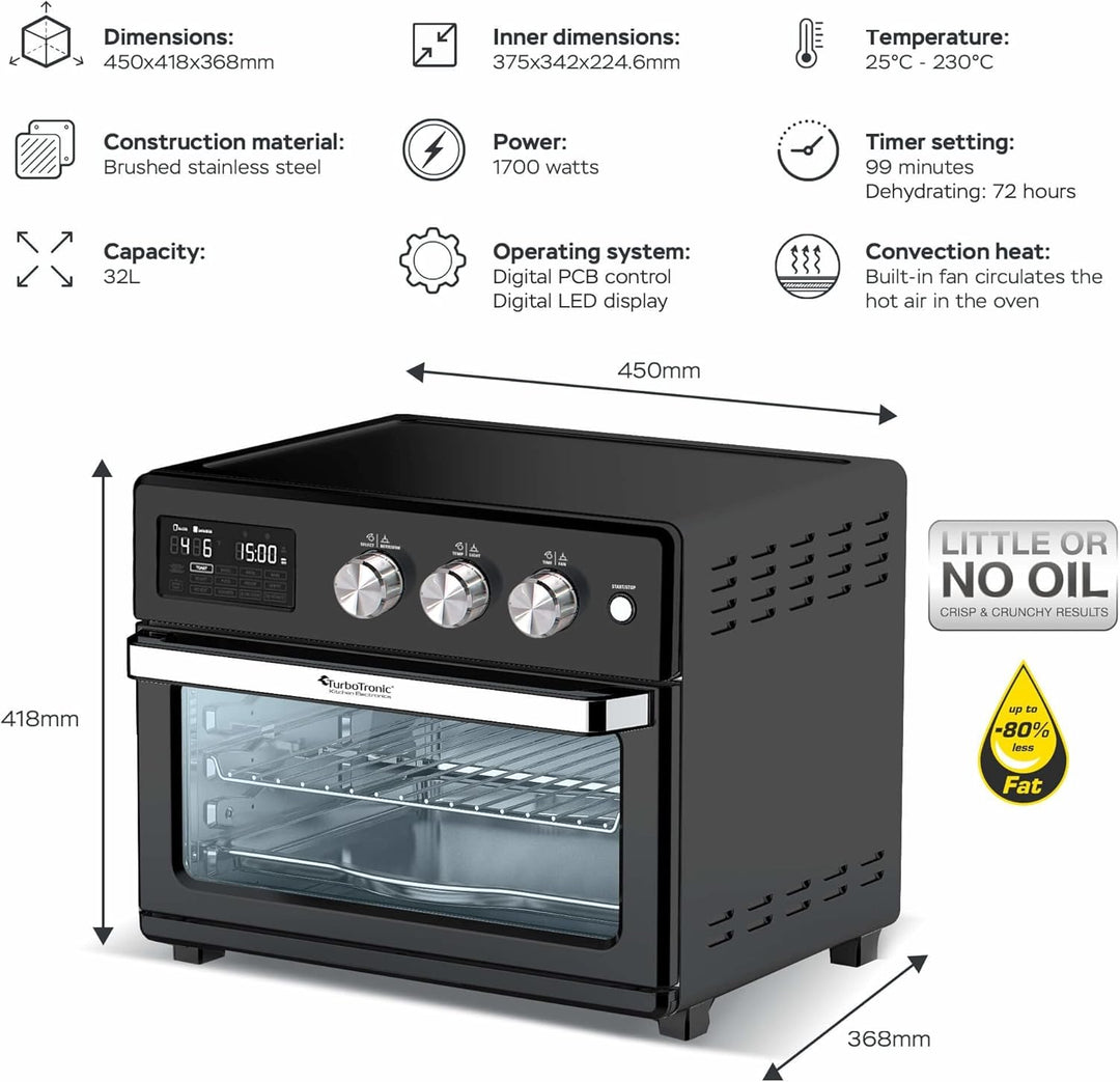 TurboTronic digitaler Heissluftofen - XXL 32 Liter mit Drehspiess für Hähnchen 5 in1 Mini Backofen,