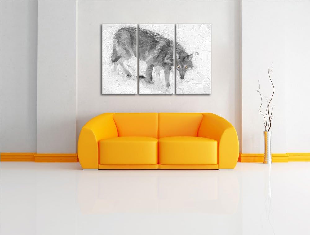 seltener Wolf im Schnee schwarz/weiss Deluxe 3-Teiler Leinwandbild 120x80 Bild auf Leinwand, XXL rie