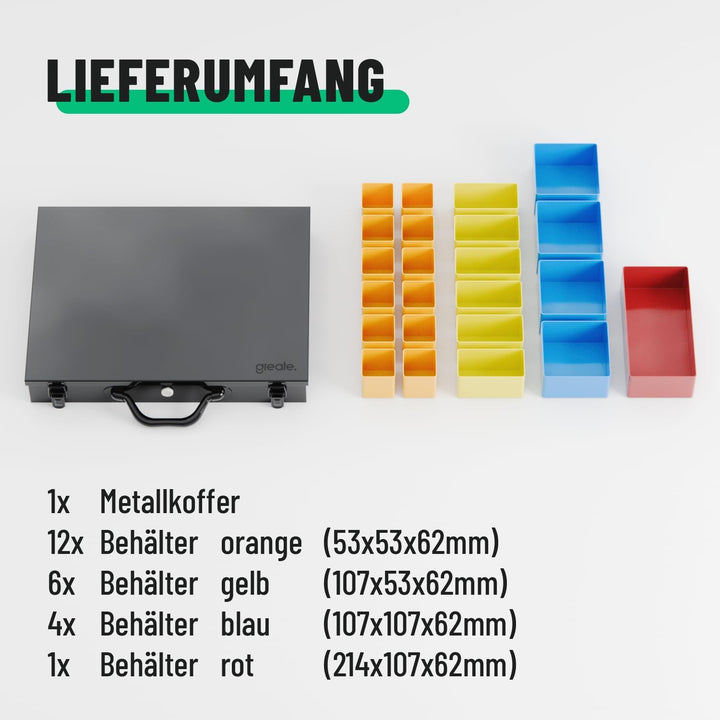greate Sortimentskasten Metall mit 23 herausnehmbaren Behältern - Kleinteilekoffer leer - Sortiments