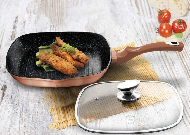 BerlingerHaus Metallic Line- Rose Gold Edition Grillpfanne mit Deckel, 28 cm, BH/1610N Rosegold Edel