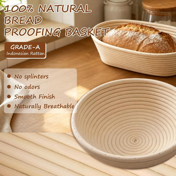 Sauerteig Starter Set, Gärkorb Brot Backen Zubehör mit Runder und ovaler Gärkörbchen, Komplettset Br
