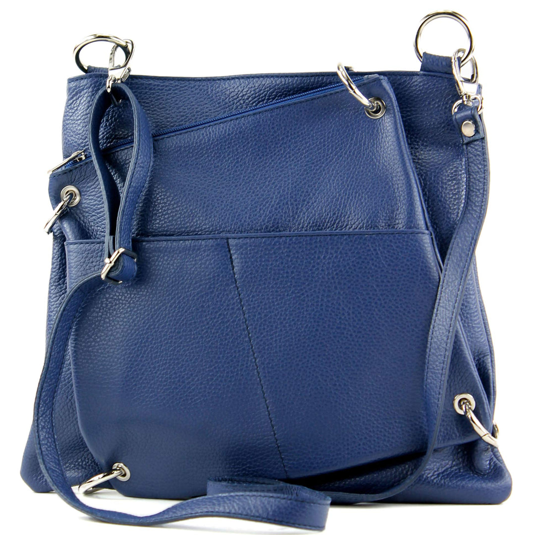 modamoda de - T140 - ital Messengertasche Umhängetasche 2in1 Leder Saphirblau, Saphirblau