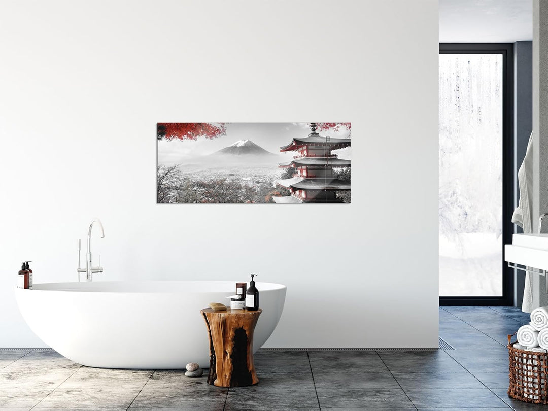 Glasbild Panorama | Wandbild aus Echtglas | Japanischer Tempel im Herbst | 120x50 cm | inkl. Aufhäng