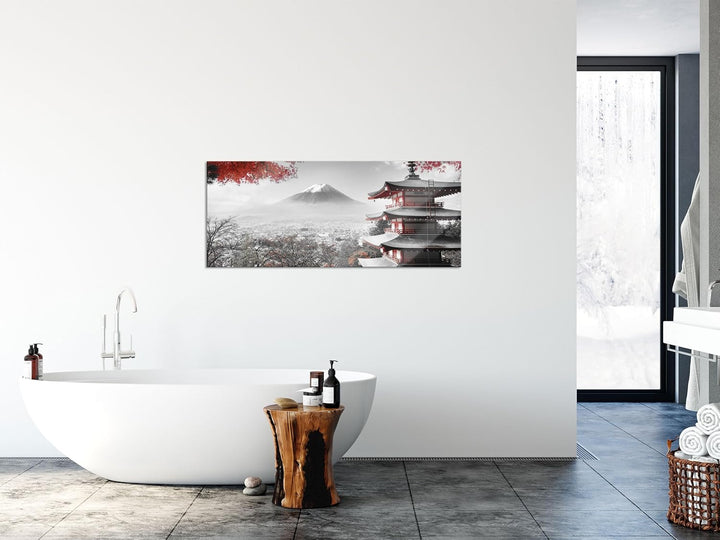 Glasbild Panorama | Wandbild aus Echtglas | Japanischer Tempel im Herbst | 120x50 cm | inkl. Aufhäng