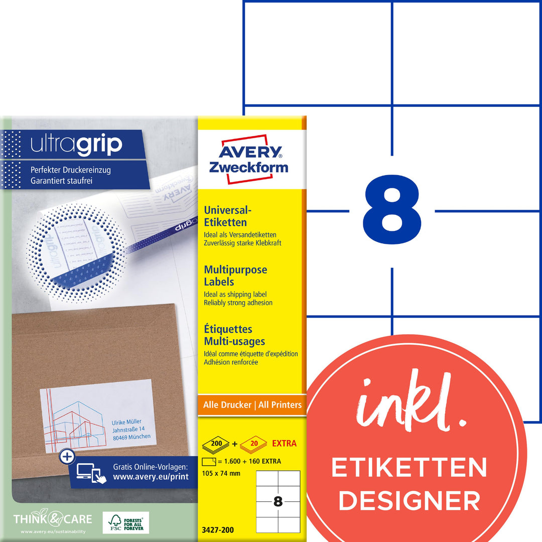 AVERY Zweckform 3427-200 Universal Etiketten (1.600 plus 160 Klebeetiketten extra, 105x74mm auf A4,