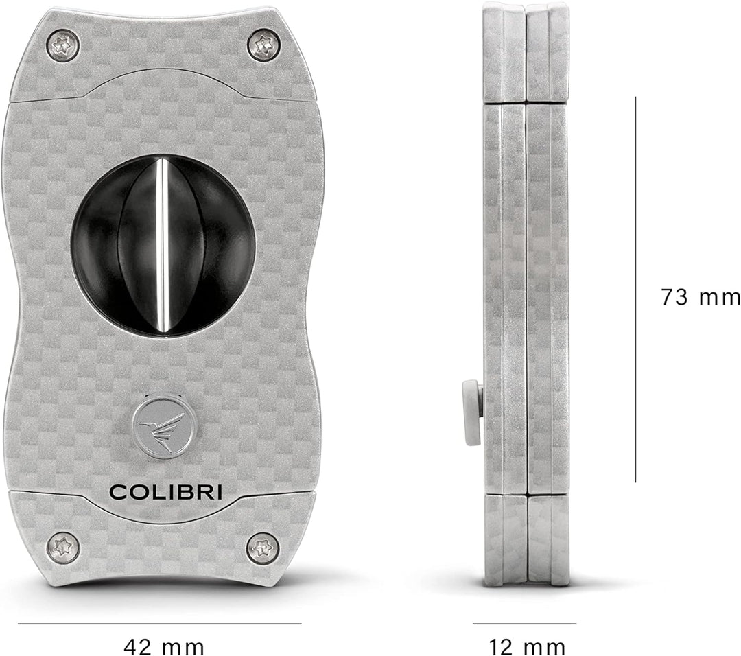 Colibri V-Cut Zigarrenschneider | Graues Kohlefaserdruck | Federauslöser | Tiefer 7mm V-Schnitt | Bi