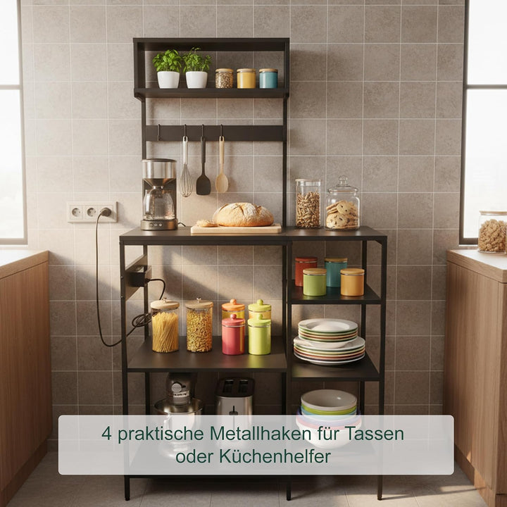 Relaxdays Küchenregal aus schwarzem Metall mit USB-Steckdosen, Halterung für Mikrowelle, 151 x 82 x