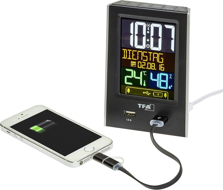 TFA Dostmann Charge-IT digitaler Funk-Wecker, 60.2537.01, mit USB-Ladefunktion, Raumklima, mit Kurzs