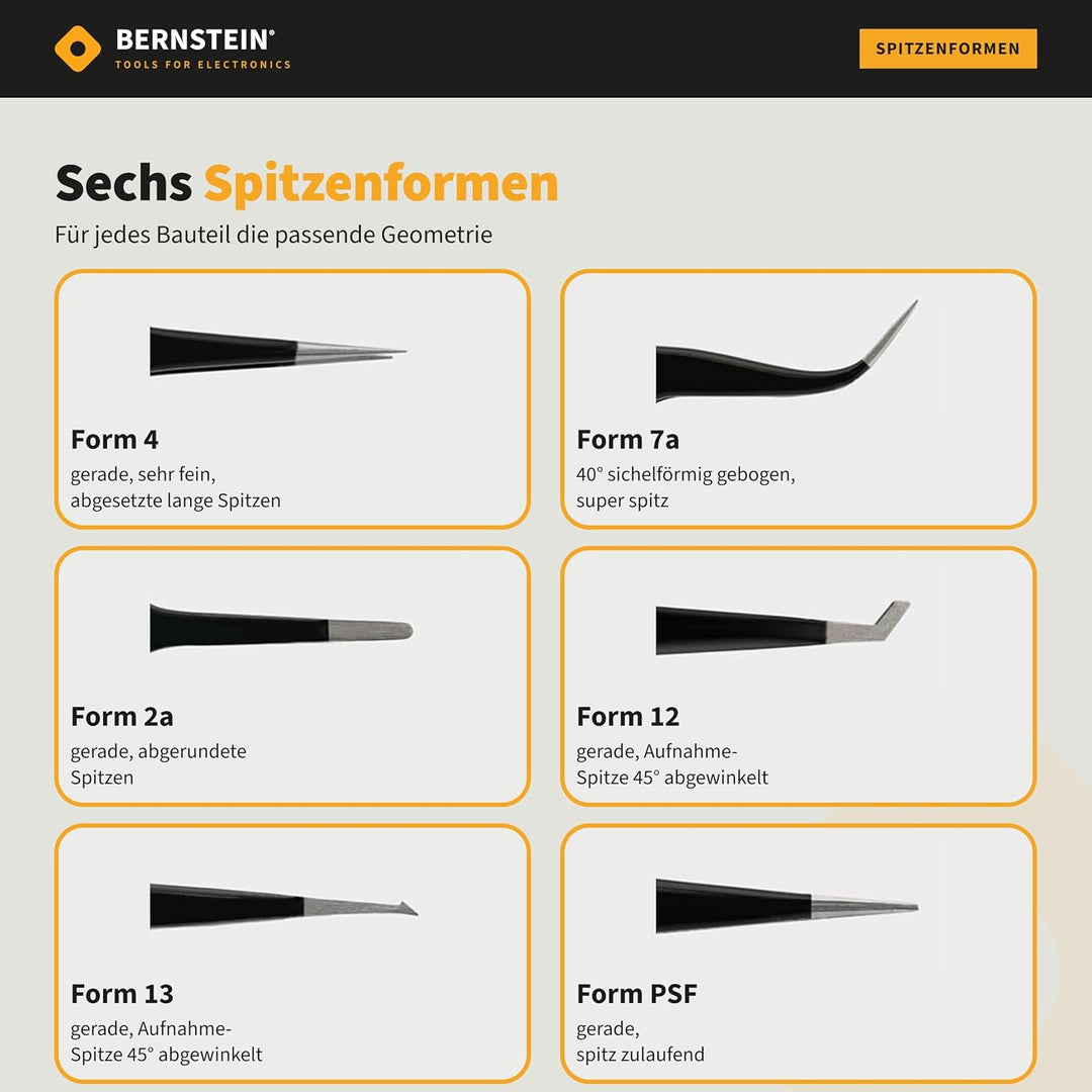 BERNSTEIN ESD Pinzetten Set 6 tlg. | Präzisionspinzette spitz gebogen, entgitterwerkzeug plotter, lö