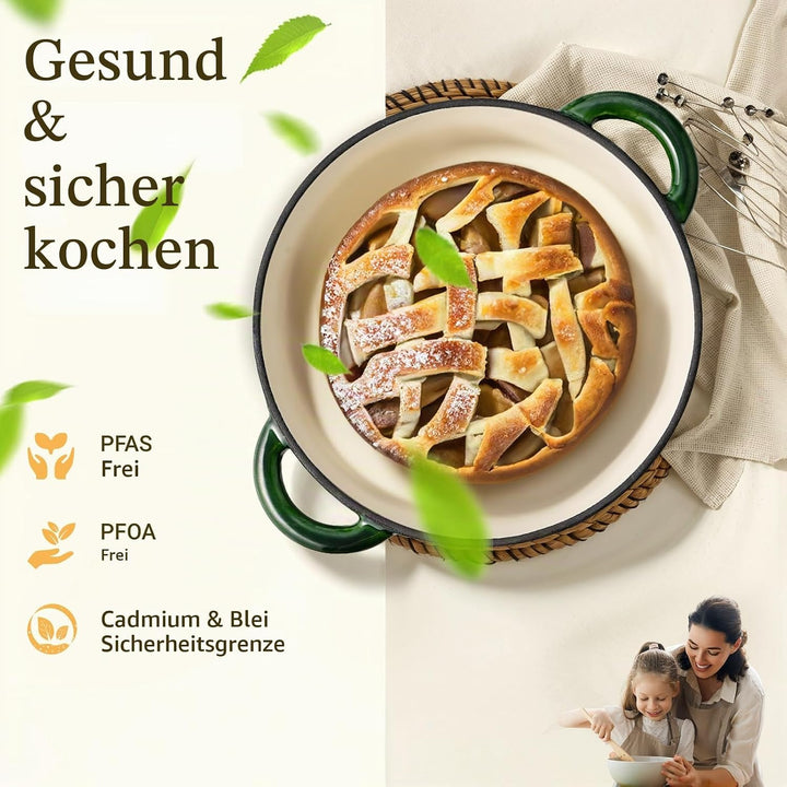 Overmont Bräter emaille Gusseisen Topf - Schmortopf 28cm backofengeeignet - mit Deckel und Kochbuch