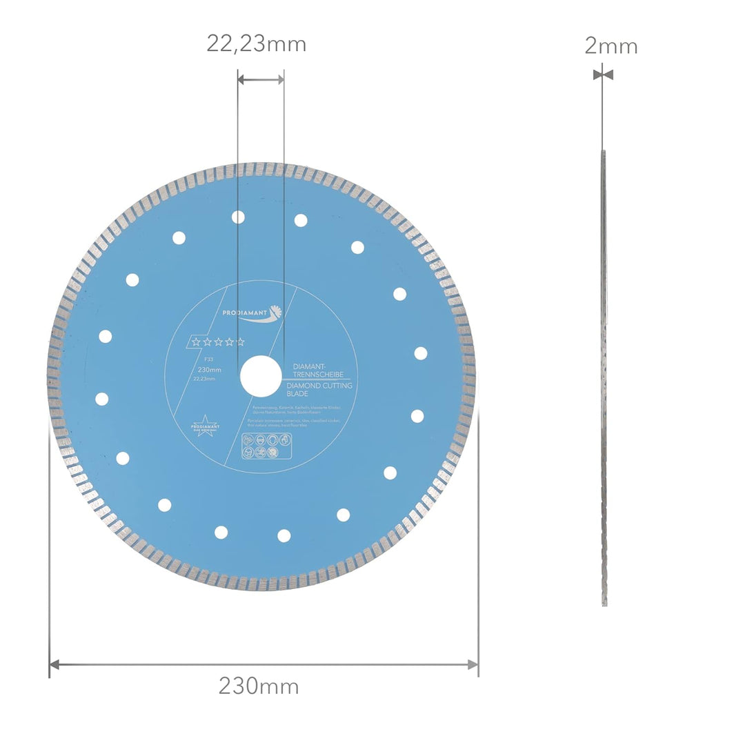PRODIAMANT F33 Profi Diamant Trennscheibe ø 230mm für Natursteine Granit und Fliesen Bohrung 22,2mm
