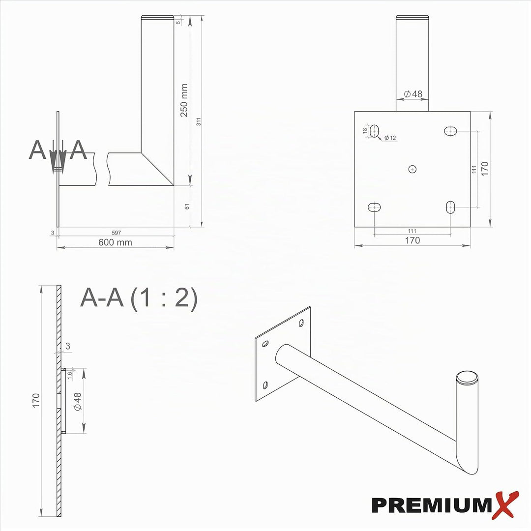 PremiumX 60cm Wandhalter Ø 48mm Stahl verzinkt SAT Antenne Wandhalterung Wand Montage Halter Wandabs