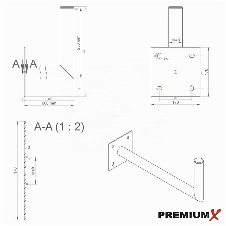 PremiumX 60cm Wandhalter Ø 48mm Stahl verzinkt SAT Antenne Wandhalterung Wand Montage Halter Wandabs