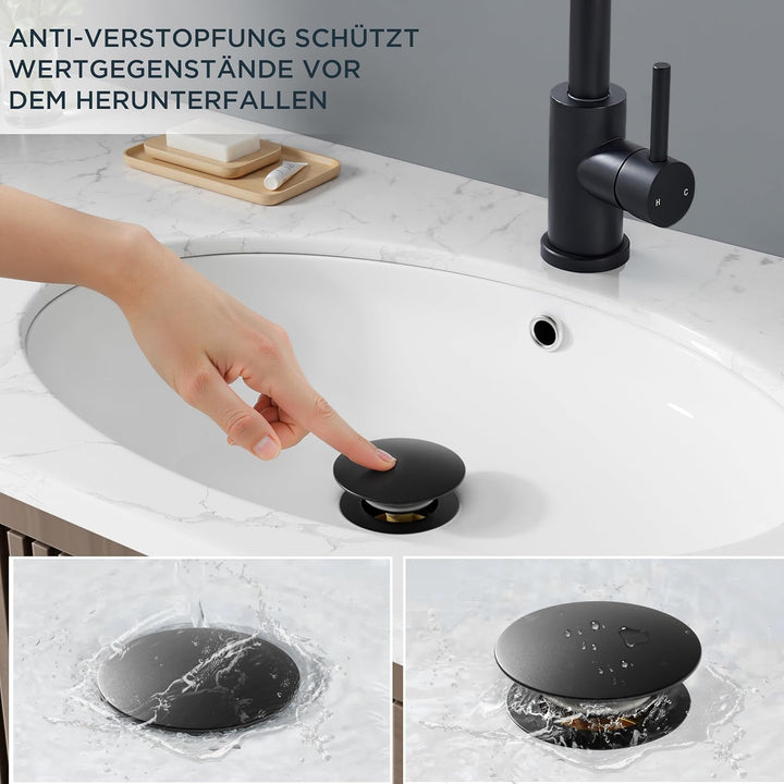 FORIOUS Wasserhahn Bad Schwarz Hoch mit Ablaufgarnitur，360° Drehbar Edelstahl Waschtischarmatur Hoch
