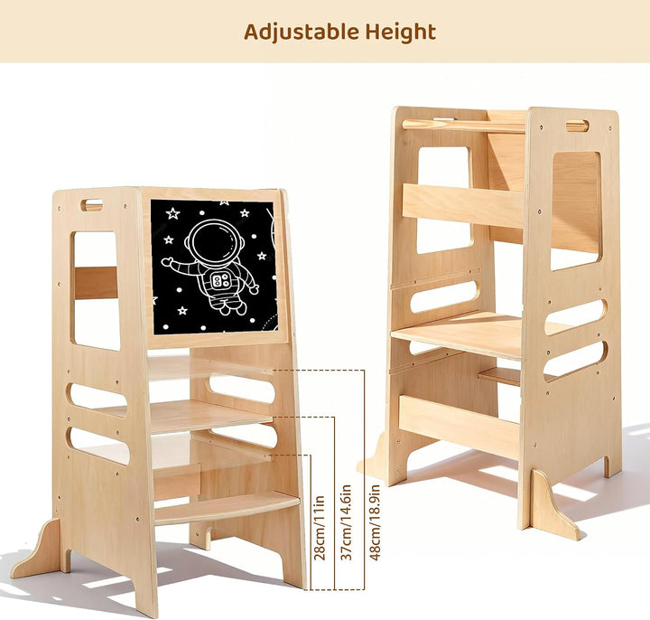 Montessori Lernturm mit Kreidetafel &amp; 3-stufig höhenverstellbar – 2-in-1 Küchenhelfer aus Holz für K