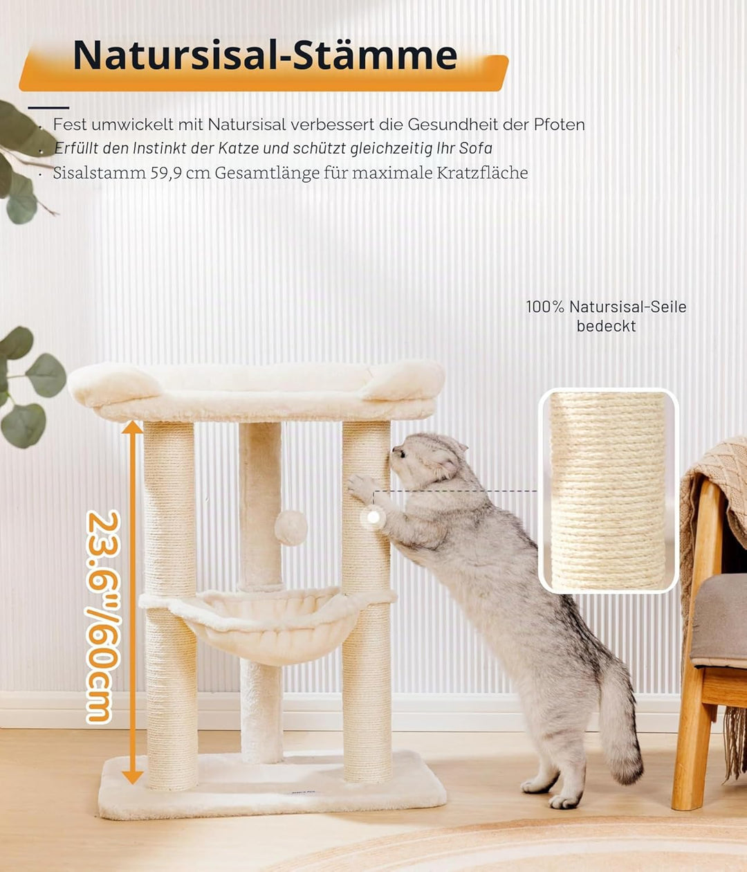 Happi N Pets 71CM Kratzbaum für Katzen, Hoher Kratzstamm mit grossem Bett für grosse Katzen, Sisal-K