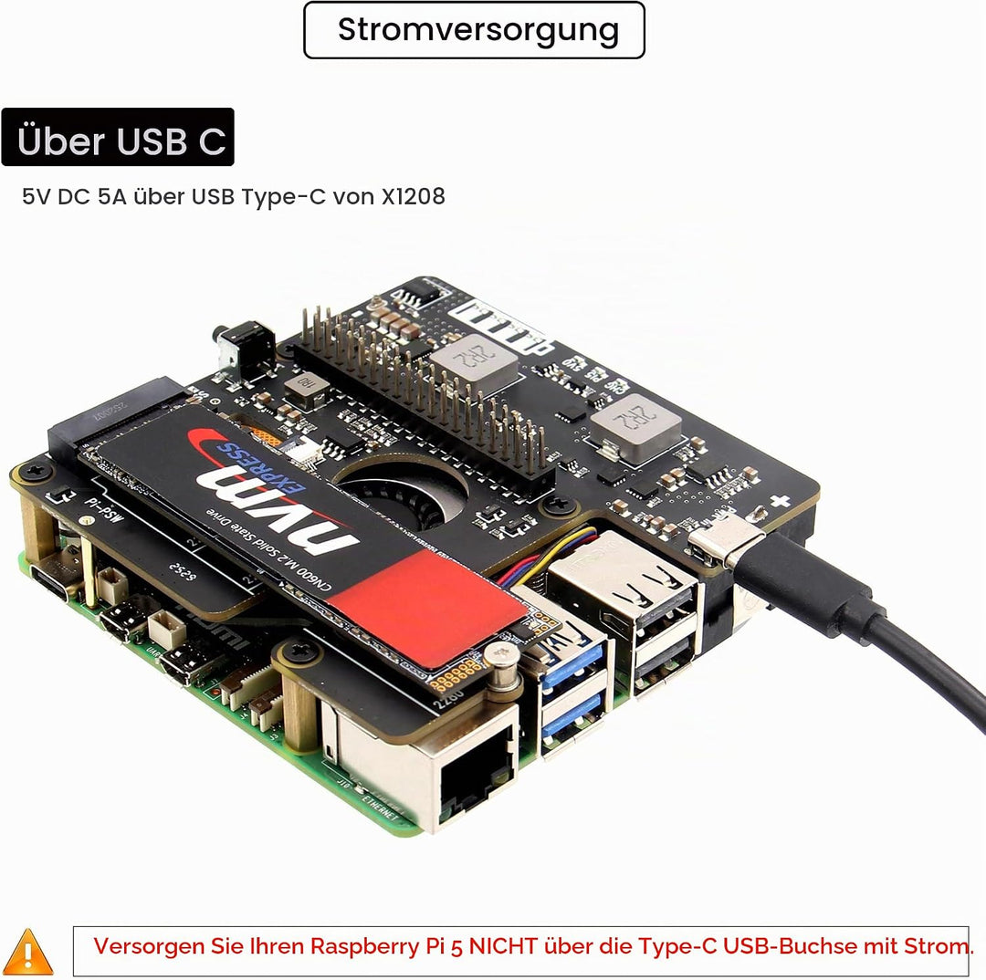 Geekworm X1208 UPS für Raspberry Pi 5 mit NVMe SSD (2280/2242/2230) Erweiterung | 5,1V/5A Ausgang |