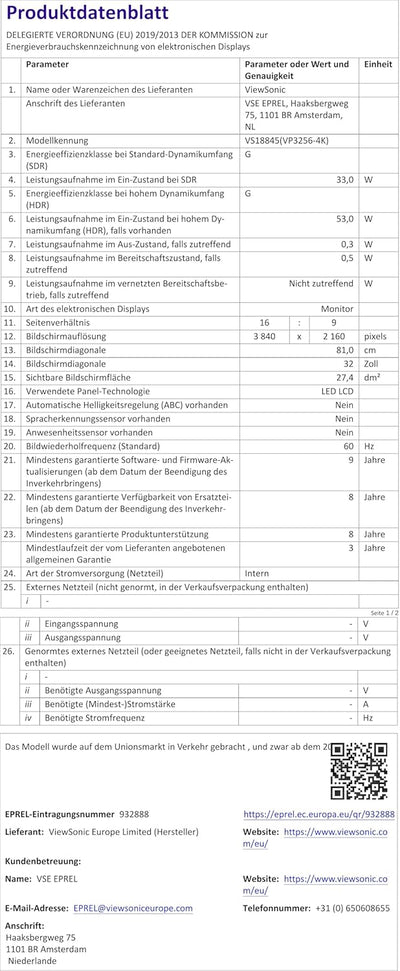 ViewSonic VP3256-4K 80 cm (32 Zoll) Fotografen Monitor (4K-UHD, IPS, 100% sRGB, HDMI, DP, USB-C inkl