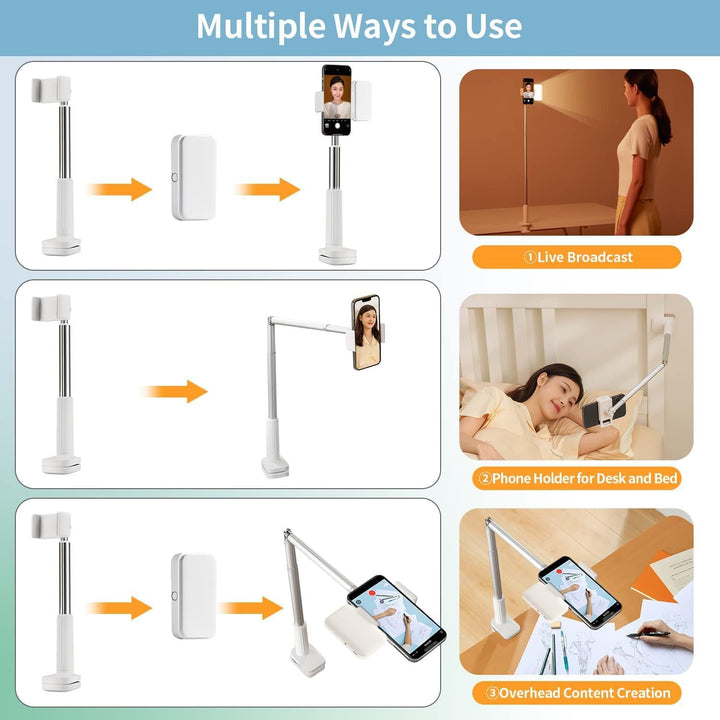 yAyusi Overhead Stativ Handy mit Ringlicht, LED Ringlicht mit Stativ Handy, Batteriebetriebenes Dimm