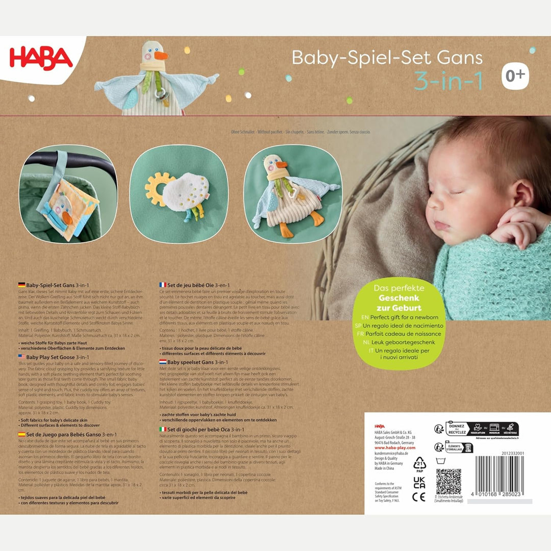 HABA Baby-Spiel-Set Gans 3-in-1 – Geschenkset mit Greifling, Knisterbuch & Schmusetuch, Sinnesspielz