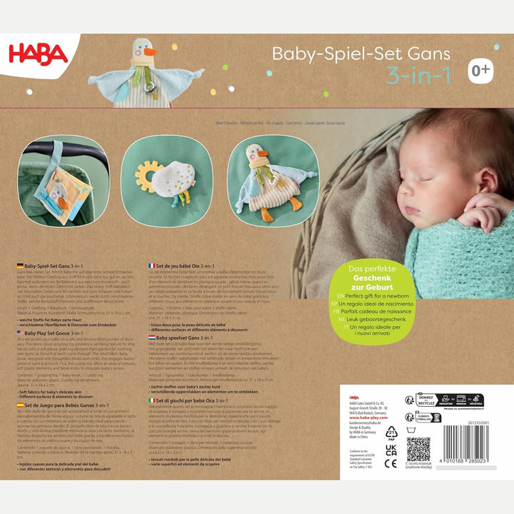 HABA Baby-Spiel-Set Gans 3-in-1 – Geschenkset mit Greifling, Knisterbuch & Schmusetuch, Sinnesspielz