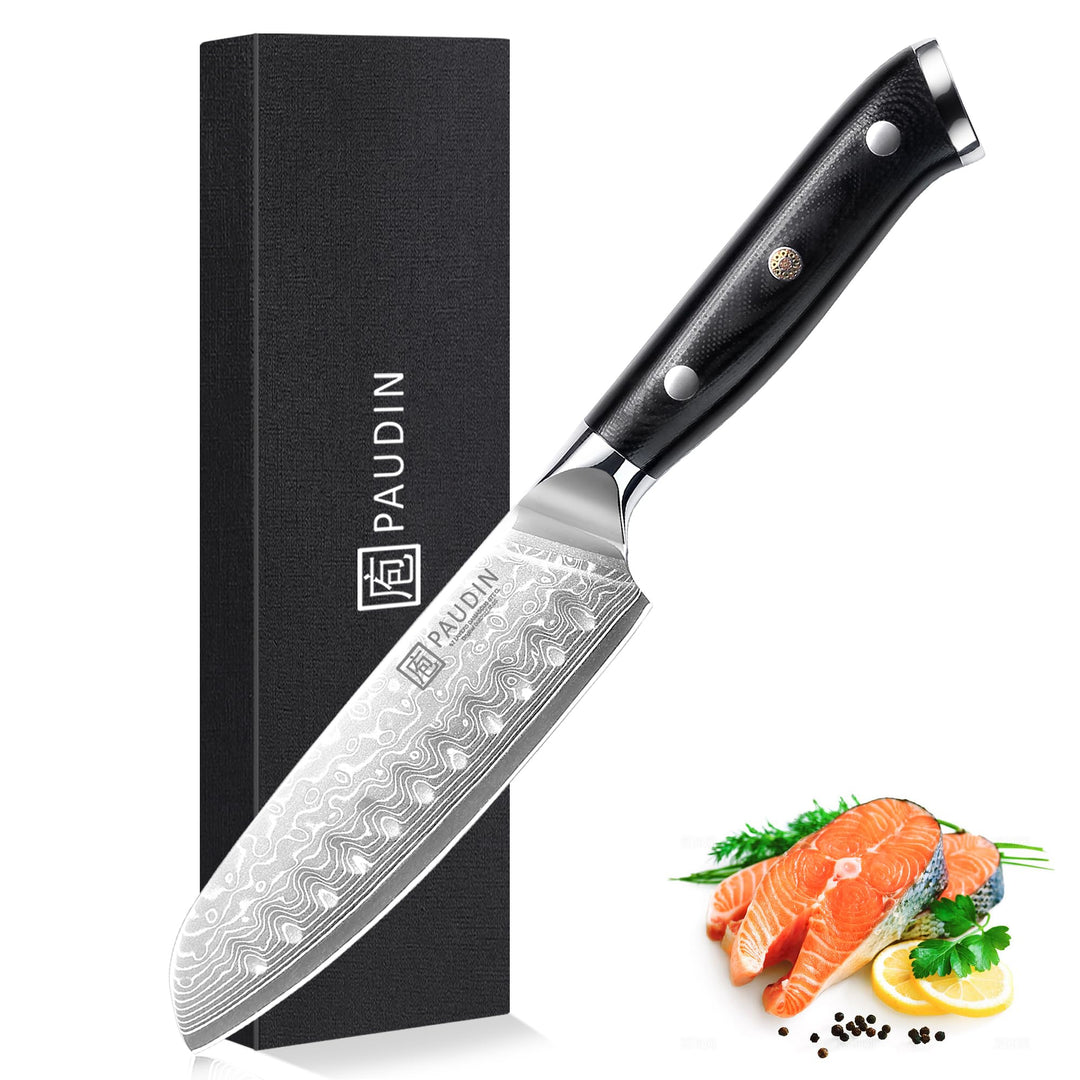 PAUDIN Damastmesser santoku messer 13 CM, Profi Damast Küchenmesser für Küche, Extrem Scharf Kohcmes