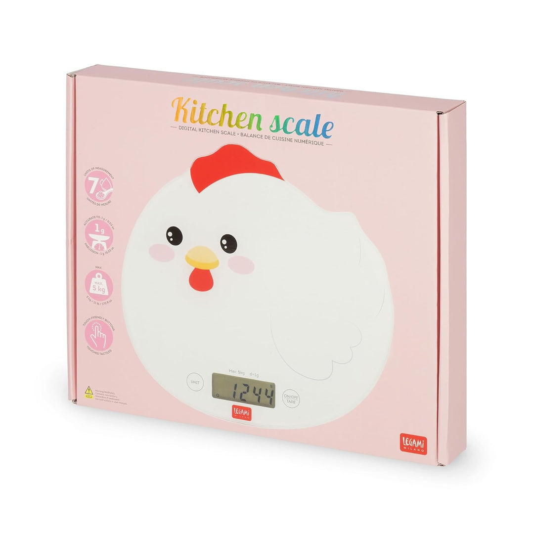 Legami - Digitale Küchenwaage, Kitchen Scale, Hen, 7 Masseinheiten, Touch-Tasten ON/TARE und UNIT, m
